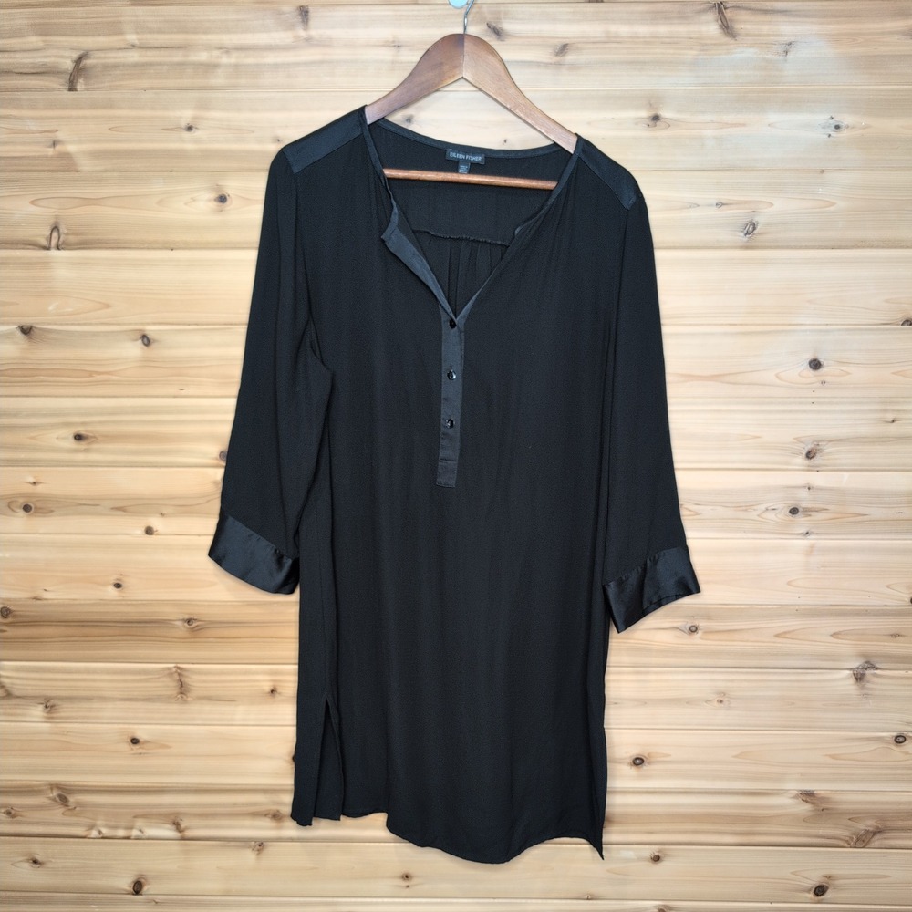 Eileen Fisher Black Silk Satin Trim Tunic Blouse Large F4GC